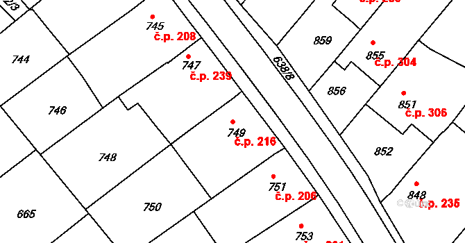 Huštěnovice 216 na parcele st. 749 v KÚ Huštěnovice, Katastrální mapa