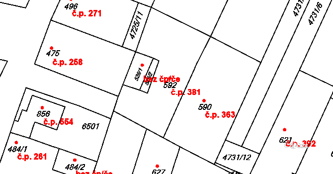 Šumice 381 na parcele st. 592 v KÚ Šumice u Uherského Brodu, Katastrální mapa