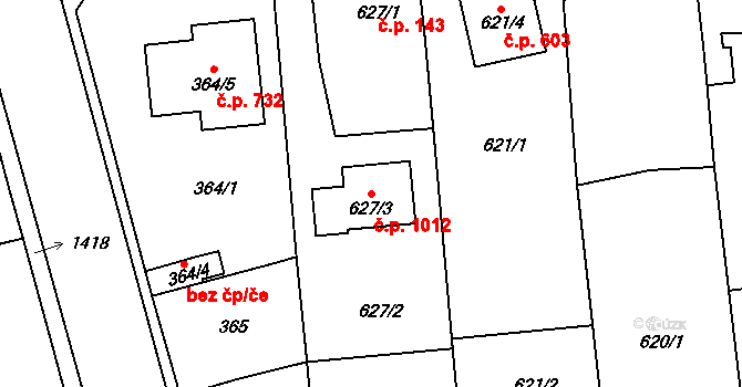 Vejprnice 1012 na parcele st. 627/3 v KÚ Vejprnice, Katastrální mapa