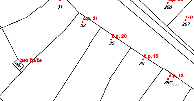 Mouřínov 20 na parcele st. 35 v KÚ Mouřínov, Katastrální mapa
