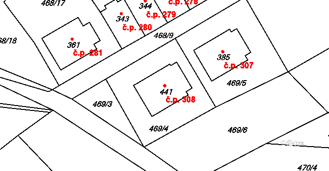 Rosice 308 na parcele st. 441 v KÚ Rosice u Chrasti, Katastrální mapa