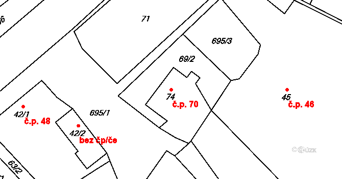 Vlkov 70 na parcele st. 74 v KÚ Vlkov u Jaroměře, Katastrální mapa