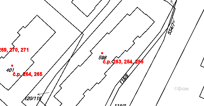 Trnová 253,254,255, Pardubice na parcele st. 598 v KÚ Trnová, Katastrální mapa