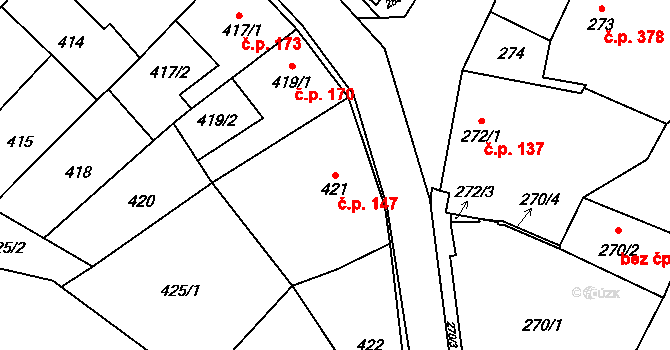 Rájec 147, Rájec-Jestřebí na parcele st. 421 v KÚ Rájec nad Svitavou, Katastrální mapa