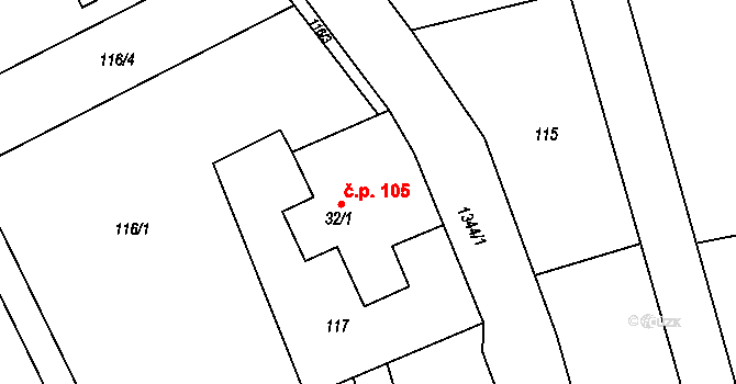 Olešnice 105, Červený Kostelec na parcele st. 32/1 v KÚ Olešnice u Červeného Kostelce, Katastrální mapa