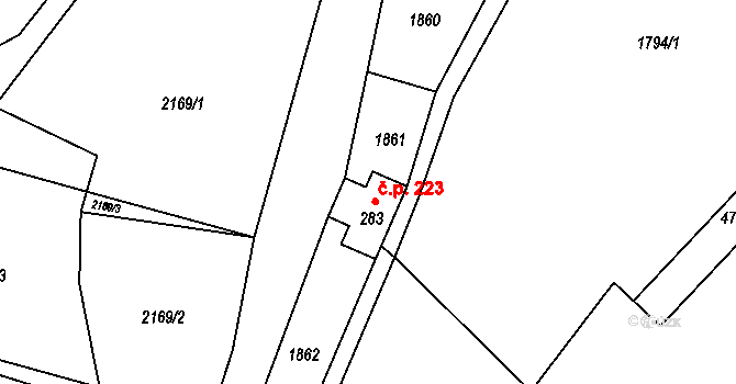 Valkeřice 223 na parcele st. 283 v KÚ Valkeřice, Katastrální mapa