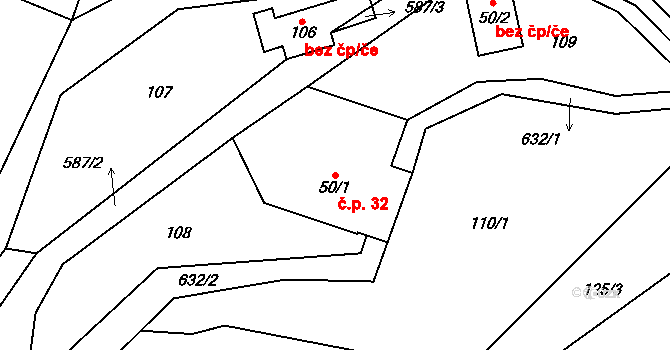Třebonín 32 na parcele st. 50/1 v KÚ Třebonín, Katastrální mapa