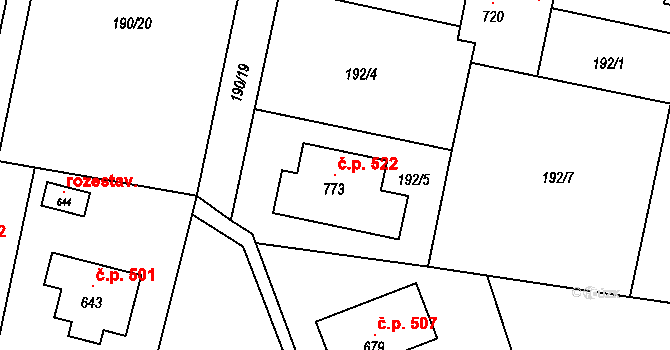 Rožďalovice 522 na parcele st. 773 v KÚ Rožďalovice, Katastrální mapa