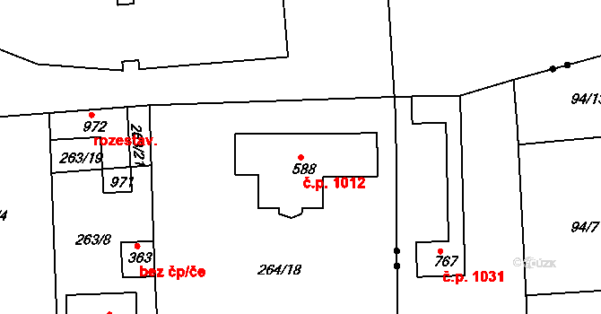 Rudná 1012 na parcele st. 588 v KÚ Hořelice, Katastrální mapa