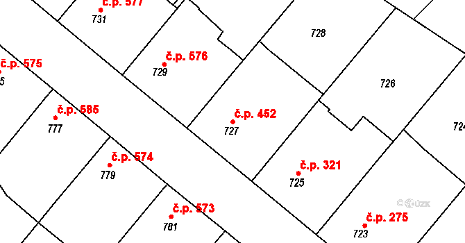 Moravský Písek 452 na parcele st. 727 v KÚ Moravský Písek, Katastrální mapa