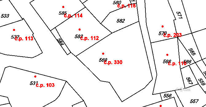 Stonařov 330 na parcele st. 569/4 v KÚ Stonařov, Katastrální mapa