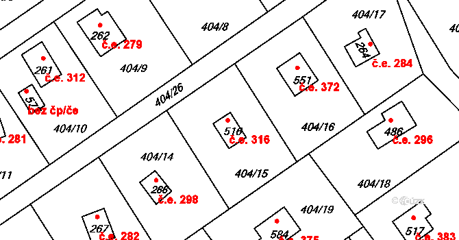 Třebsín 316, Krňany na parcele st. 516 v KÚ Třebsín, Katastrální mapa