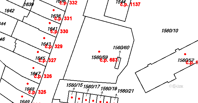 Benešov 683 na parcele st. 1560/59 v KÚ Benešov u Prahy, Katastrální mapa