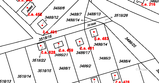 Boskovice 481 na parcele st. 3486/17 v KÚ Boskovice, Katastrální mapa