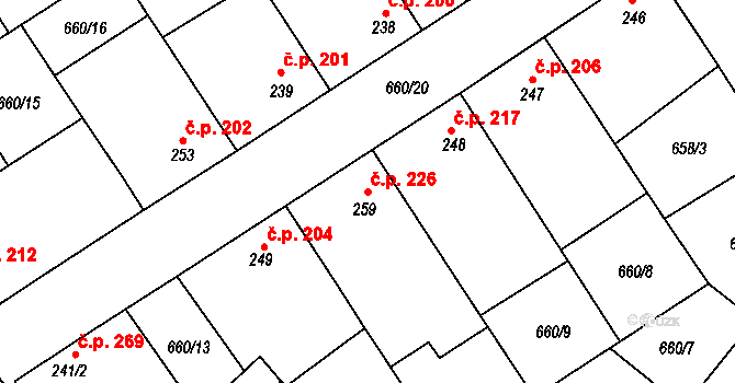 Brozany nad Ohří 226 na parcele st. 259 v KÚ Brozany nad Ohří, Katastrální mapa
