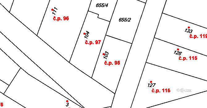 Krchleby 95 na parcele st. 103 v KÚ Krchleby u Nymburka, Katastrální mapa