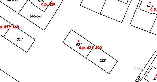 Milovice 421,422 na parcele st. 621 v KÚ Milovice nad Labem, Katastrální mapa