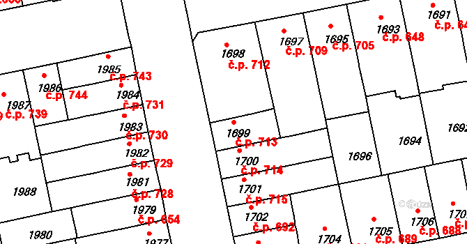 Královo Pole 713, Brno na parcele st. 1699 v KÚ Královo Pole, Katastrální mapa