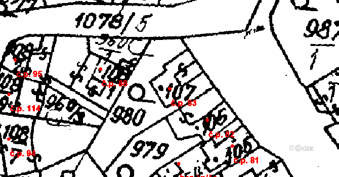 Šebetov 83 na parcele st. 107 v KÚ Šebetov, Katastrální mapa