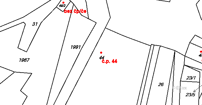 Těšetice 44, Bochov na parcele st. 44 v KÚ Těšetice u Bochova, Katastrální mapa