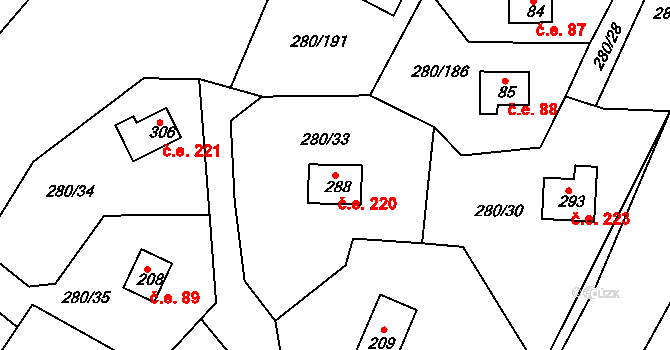 Skalka 220, Cheb na parcele st. 288 v KÚ Skalka u Chebu, Katastrální mapa