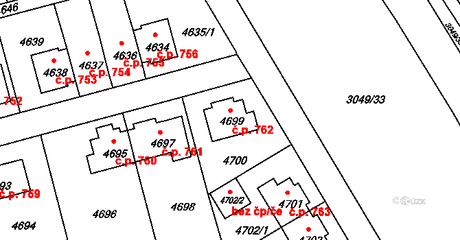 Záběhlice 762, Praha na parcele st. 4699 v KÚ Záběhlice, Katastrální mapa