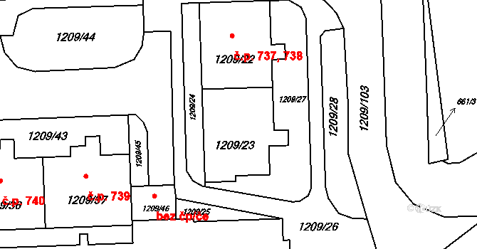 Háje 737,738, Praha na parcele st. 1209/23 v KÚ Háje, Katastrální mapa