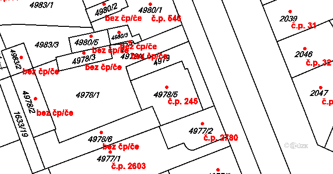 Východní Předměstí 245, Plzeň na parcele st. 4978/5 v KÚ Plzeň, Katastrální mapa