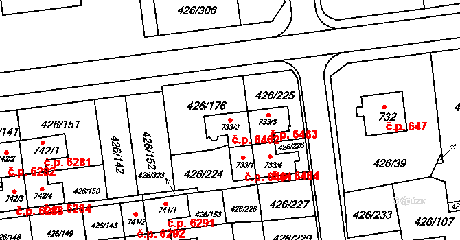 Otrokovice 6462 na parcele st. 733/2 v KÚ Otrokovice, Katastrální mapa