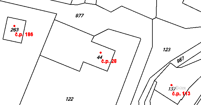 Vlčovice 28, Kopřivnice na parcele st. 44 v KÚ Vlčovice, Katastrální mapa