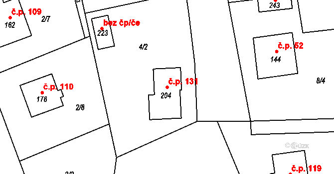 Chrastavice 131 na parcele st. 204 v KÚ Chrastavice, Katastrální mapa