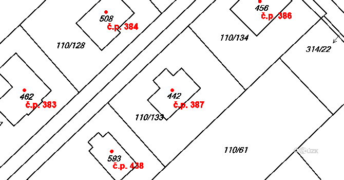 Mratín 387 na parcele st. 442 v KÚ Mratín, Katastrální mapa