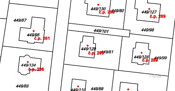 Bystrovany 286 na parcele st. 449/129 v KÚ Bystrovany, Katastrální mapa