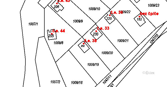 Chloumek 38, Újezd u Chocně na parcele st. 232 v KÚ Újezd u Chocně, Katastrální mapa