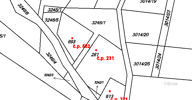 Halenkovice 231 na parcele st. 281 v KÚ Halenkovice, Katastrální mapa