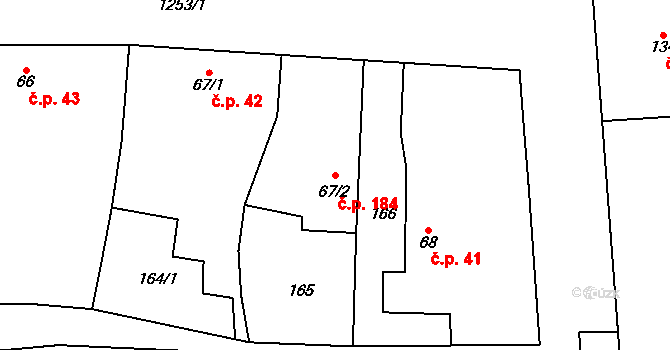 Kestřany 184 na parcele st. 67/2 v KÚ Staré Kestřany, Katastrální mapa