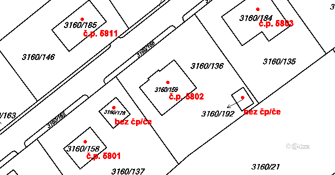 Chomutov 5802 na parcele st. 3160/136 v KÚ Chomutov II, Katastrální mapa