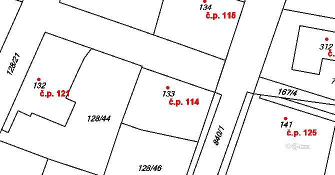 Tuněchody 114 na parcele st. 133 v KÚ Tuněchody, Katastrální mapa