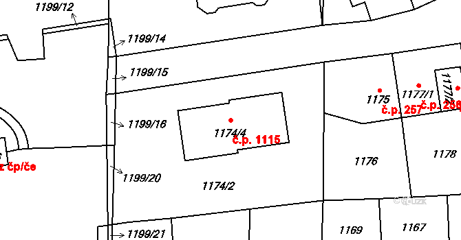 Ruzyně 1115, Praha na parcele st. 1174/4 v KÚ Ruzyně, Katastrální mapa