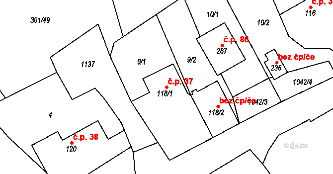 Podmokly 37 na parcele st. 118/1 v KÚ Podmokly nad Berounkou, Katastrální mapa