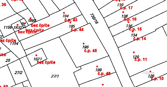 Broumov 45 na parcele st. 196 v KÚ Broumov, Katastrální mapa