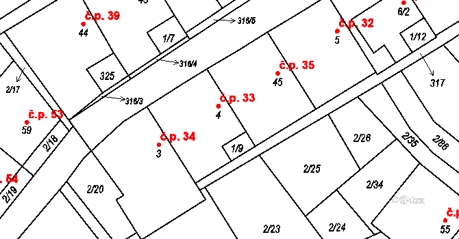 Housko 33, Vysočany na parcele st. 4 v KÚ Housko, Katastrální mapa