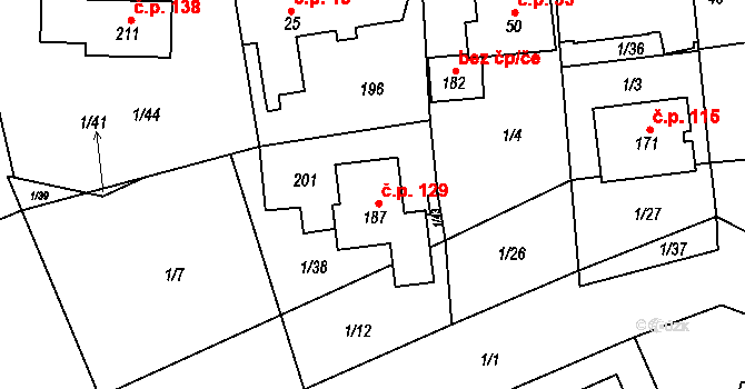 Máslovice 129 na parcele st. 187 v KÚ Máslovice, Katastrální mapa