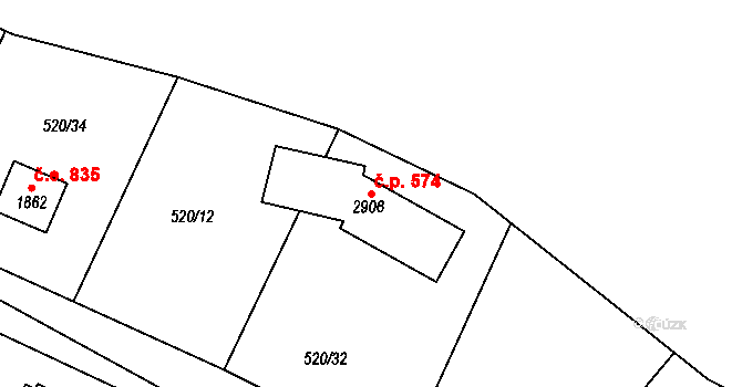 Hradištko 574 na parcele st. 2906 v KÚ Hradištko pod Medníkem, Katastrální mapa