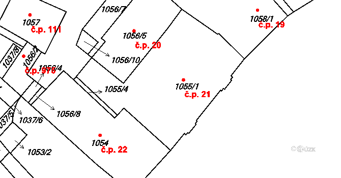 Valtice 21 na parcele st. 1055/1 v KÚ Valtice, Katastrální mapa