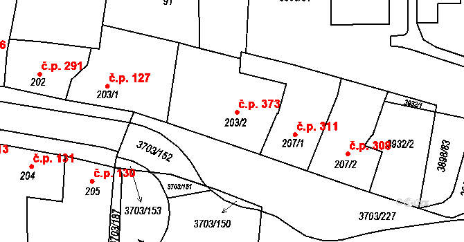 Dobřany 373 na parcele st. 203/2 v KÚ Dobřany, Katastrální mapa