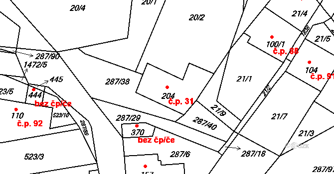 Tetín 31 na parcele st. 204 v KÚ Tetín u Berouna, Katastrální mapa