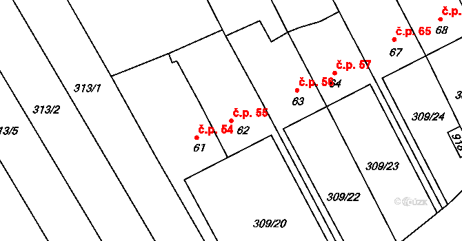 Moravská Chrastová 55, Brněnec na parcele st. 62 v KÚ Moravská Chrastová, Katastrální mapa
