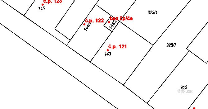 Střelice 121, Uničov na parcele st. 143 v KÚ Střelice u Litovle, Katastrální mapa