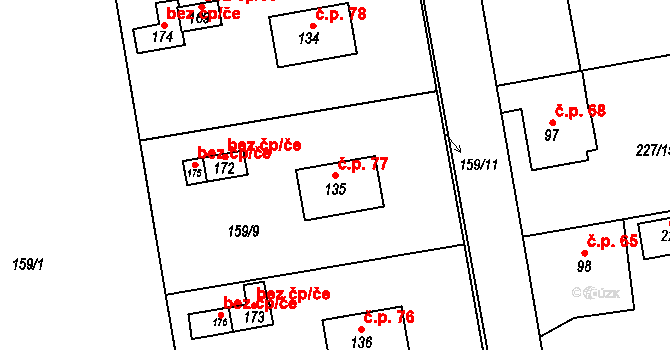 Roželov 77, Hvožďany na parcele st. 135 v KÚ Roželov, Katastrální mapa